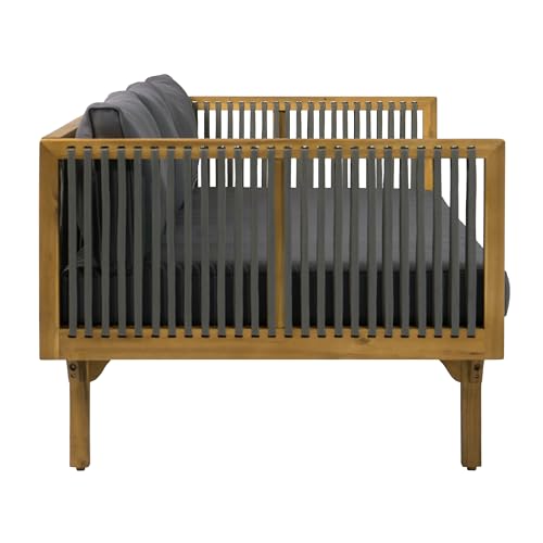 Merax Acacia Wood Outdoor Patio Loveseat Sofa w/Coushion and & Light Brown Rope, 3-Seater Sofa Daybed for Backyard, Lawn, Deck, Balcony, Water Repellent Fabric, 600 lbs Capacity,Teak + Gray