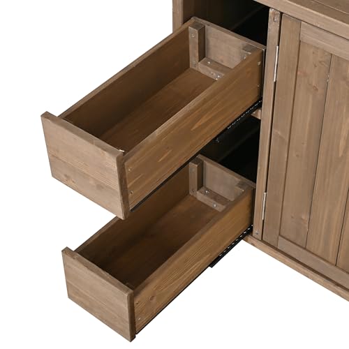 Christopher Knight Home Edsel Outdoor Bar Cart with Stainless Steel Top and Lockable Wheels, Solid Wood Outdoor Storage Cabinet, Kitchen Island Serving Cart for Poolside, Garden, Natural Brown+Silver