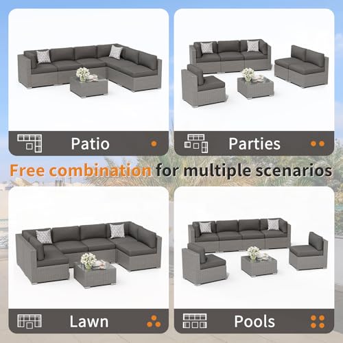 Oakcloud 7-Piece Outdoor Grey Rattan Wicker Sectional Conversation Sets Patio Furniture Sofa Set with Cushions and Glass Top Table(Grey)