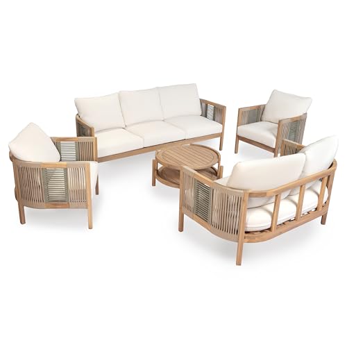 Christopher Knight Home 5-Piece Acacia Wood Patio Furniture Set with Coffee Table, 7 Seater Outdoor Conversation Sofa Set, Patio Sectional Chat Set for Backyard Balcony, Teak+ Beige