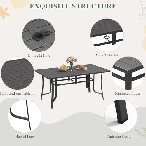 DSNAPE 7 Pieces Patio Table and Chairs Set, 63" Metal Dining Table with Umbrella Hole & 6 Textilene Fixed Chairs, Dining Table Set for 6, Outdoor Furniture for Porch Deck Backyard Balcony, Grey