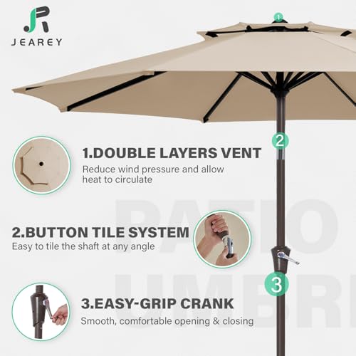 JEAREY 9 ft 2-Tiers Patio Umbrellas Outdoor Table Market Umbrella w/Push Button Tilt/Crank, 8 Sturdy Ribs, UV Protection Waterproof Sunproof(Beige)