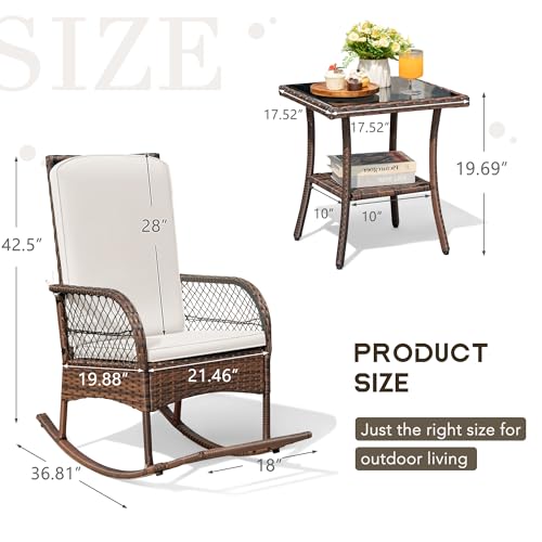 Devoko Outdoor Rocking Chairs 3 Piece Patio Furniture Set with Side Table & Cushions, Wicker Porch Rocker Bistro Set High Back for Balcony, Backyard, Garden (Beige)