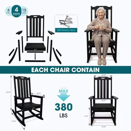 THOEOE Oversized Rocking Chair, Outdoor Rocking Chair for Adults, All Weather Resistant Porch Rocker for Lawn Garden, Black