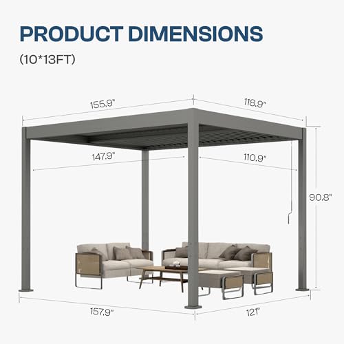 Patio Kingdom 10' x 13' Louvered Pergola Outdoor Aluminum Pergola Kit with Adjustable Roof, All-Weather Metal Gazebo with Drainage System for Patio, Deck, Garden and Backyard Shade, Gray