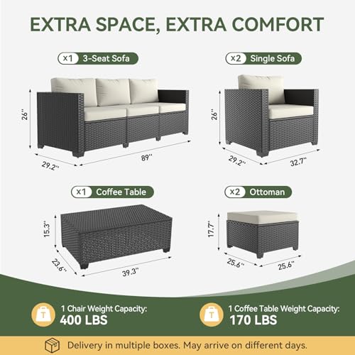 Aoxun 8 Piece Outdoor Patio Furniture Set 7 Seats, Outdoor Sectional with Thick Waterproof Cushions, Patio Conversation Sets for Garden,Backyard, Porch, Balcony, Deck, Black & Beige