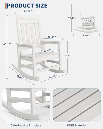 GarveeLife Poly Lumber Rocking Chair Outdoor Set of 2 with Side Table - HDPE High Back Porch Rocker Chairs for Adults - All Weather Resistant Furniture for Patio - White