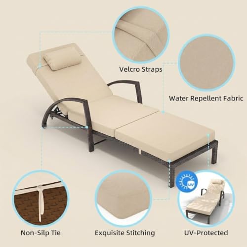 Garvee Outdoor Chaise Lounge Set of 2, 5-Position Adjustable PE Wicker Reclining Chairs with Wheels & 3.5" Cushions, 400 lbs Capacity All-Weather Patio Furniture for Poolside, Garden, Beach(Beige)