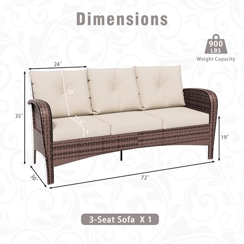 Qsoer Patio 3-Seater Sofa, PE Wicker Outdoor Lounge with Thick Removable Cushions, Rust-Proof Steel Frame, 900LBS Capacity, Beige