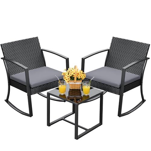 Devoko Resin Patio Furniture Set 3 Piece All Weather Outdoor Rocking Chairs with Cushions and Coffee Table for Bistro Balcony Porch (Gray)