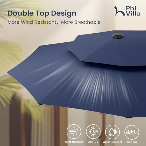 PHI VILLA 13ft Large Patio Umbrellas with Base Included, 2-Tier Double-Sided Outdoor Market Rectangle Umbrella for Outside, Blue