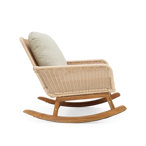 Christopher Knight Home Nadine Patio Rocking Chair, Wicker Rocker, Wood Leg Rocking Chair, PE Rattan Wicker Chair, Rocking Chair with Cushions, Comfort Wicker Rocker for Backyard Balcony Porch, Beige