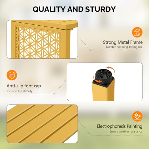 VINGLI 40in Outdoor Metal Bench, All-Weathe Backless Patio Bench with Slatted Seat＆Floral Side Panels, Rust-Resistant Garden Bench, Weatherproof Outdoor Seating for Porch Entryway Backyard (Yellow)