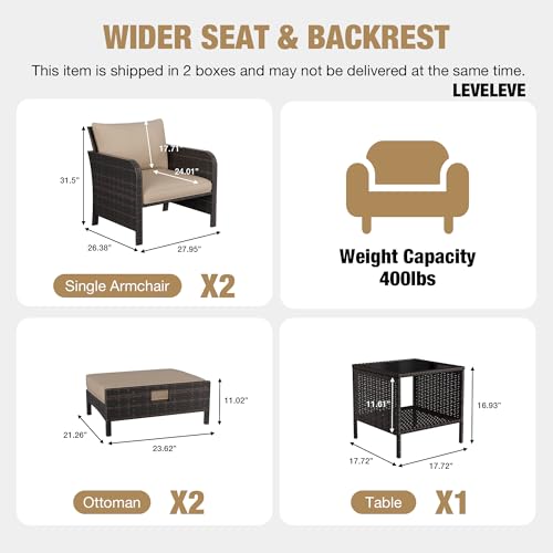 LEVELEVE Patio Conversation Set 5 Piece, Balcony Furniture Outdoor PE Rattan Wicker Lounge Chairs with Soft Cushions, 2 Ottomans & Glass Table for Porch Lawn, Brown (Khaki Cushions
