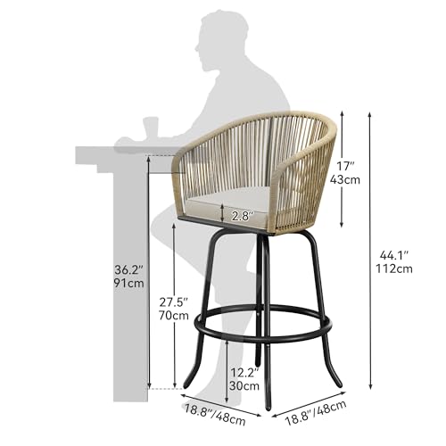 YITAHOME Counter Height Bar Stools Set of 2, Outdoor Bar Stools with Soft Cushions, Patio Rattan Swivel Bar Chairs for Backyard Poolside, Garden w /360 Rotation (Beige)