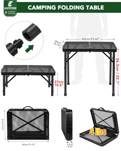 2Ft Small Folding Table with Carry Handle, Camping Table Adjustable Height 10.6–22 in, Black Metal Mesh, Portable & Compact for Outdoor/Indoor,Grill Table, 23.6×15.8 in, 4 lb, 66 lb Capacity