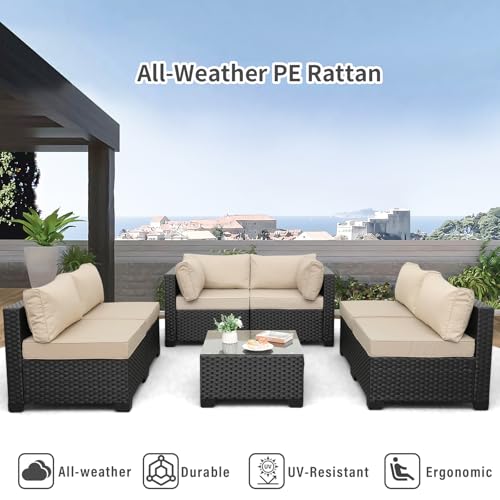 Valita 7 Pieces Outdoor Wicker Furniture Conversation Set Patio Sectional Sofa Set Glass Table with Non-Slip Cushions Furniture Cover, Khaki