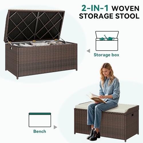 YITAHOME Outdoor Storage Bench, 70 Gallon PE Rattan Patio Storage Bench w/Handles and Soft Cushion,Outdoor Storage Box for Patio, Yard, Lawn, Garden