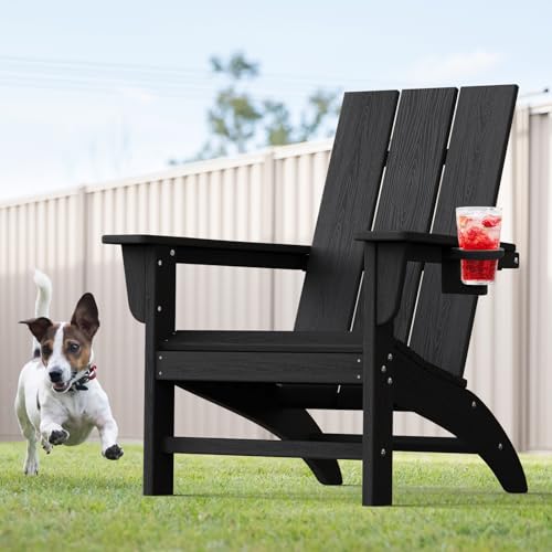 POLYDUN Modern Adirondack Chair with Cup Holder, HDPE Plastic Patio Chairs for All Weather, Fire Pit Chair, Outdoor Lawn Chairs for Deck, Porch, Backyard, Garden, Black