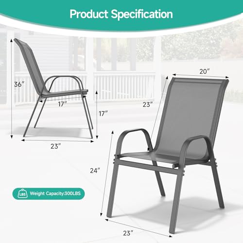 Dovov Patio Chairs Set of 4, All Weather Breathable Stackable Outdoor Dining Chairs with High Back and Wide Seat, Easily Set Up Outdoor Chairs Set of 4 with Metal Frame for Backyard Garden Pool, Grey