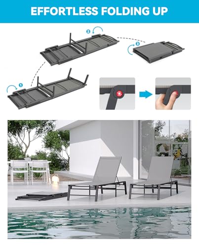 FHVIT Aluminum Chaise Lounge Chair Outdoor, Foldable Patio Lounge Chair Assemble-Free, Pool Lounge Chairs with 5 Adjustable Backrest, Outdoor Lounge Chairs for Outside Poolside Beach Lawn Grey