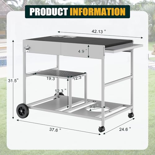 Shintenchi Pizza Oven Cart Table with Topping Station and Wheels, Outdoor Tabletop Grill Table Stand, Movable Food Prep Workcart Fits for Ninja and Blackstone Woodfire Grill