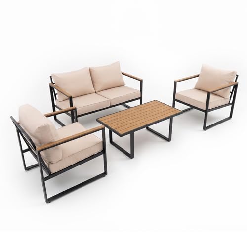 Xiacare Modern Patio Furniture Set, 4 Pieces Outdoor Conversation Set with Coffee Table, Metal Patio Furniture with 4" Washable Foam Cushions, Ships in 1 Box, Beige