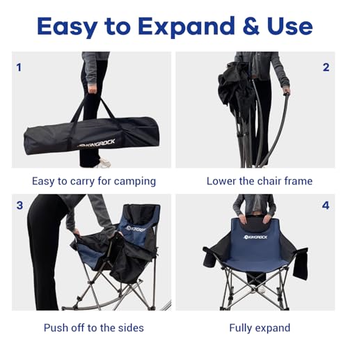 KINGROCK Oversized Rocking Camping Chair with Headrest and Carry Bag, 260LBS Capacity Folding Portable Camp Chairs for Adults, Recliner for Outdoor, Beach, Fishing, Travel, Sports Games,Navy Blue