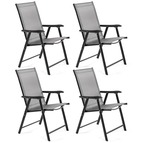 Yaheetech Patio Dining Chairs Set of 4 with Armrests, Outdoor Folding Chairs with Metal Frame and Backrest for Lawn, Garden, Yard and Poolside, Gray