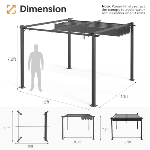 VINGLI 10’x 10' Outdoor Pergola Retractable Aluminum Pergola Canopy with Adjustable Roof, Patio Pergola for Deck, Porch, Garden, Yard (Gray)