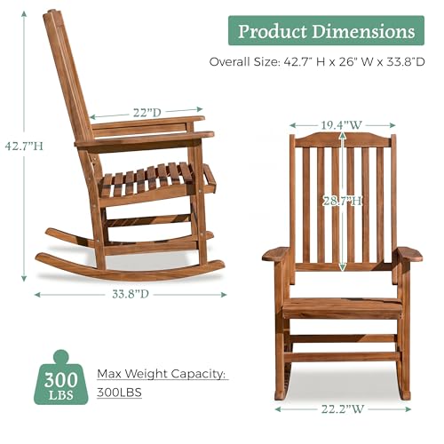 Devoko Outdoor Rocking Chair Acacia Wood Porch Rocking Chairs, Outdoor Chairs with Widened Armrest for Porch, Poolside, Balcony and Yard, Natural (1 Chair)