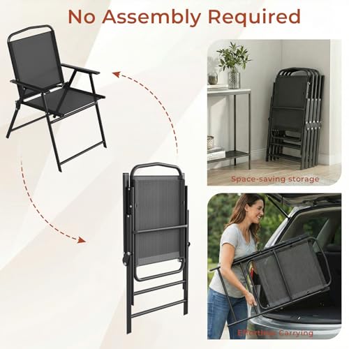TLSUNNY 7 Piece Patio Dining Set for 6, Outdoor Table and Chairs W/1.69" Umbrella Hole & Metal Frame, 30"X 55" Rectangular Glass Table and Patio Textilene Folding Chair W/Armrests, for Deck (Black)