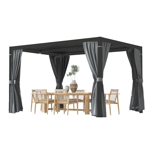 HAPPATIO Louvered Pergola 10‘ x13’ Outdoor, Aluminum Frame with Adjustable Rainproof Roof, Patio Pergola with Curtains and Mosquito Nets, Aluminum Frame for Patio, Backyard, Deck, Garden (Gray)