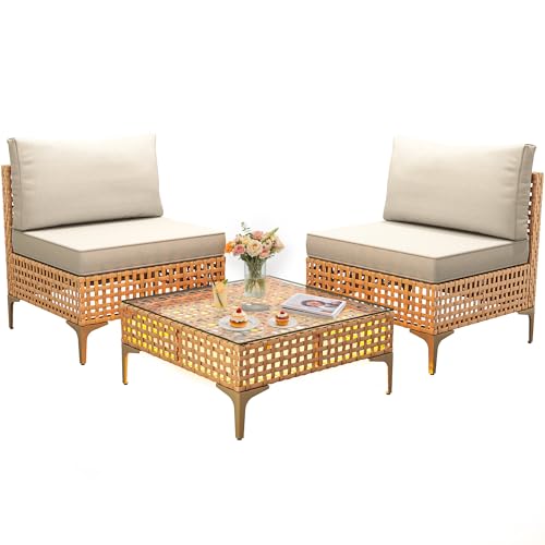YITAHOME Wicker Patio Furniture Set 3 Pieces Outdoor Sectional Sofa with Solar Light Table Outdoor Couch with Waterproof Cushions All-Weather Rattan Patio Conversation Set for Indoor/Outdoor