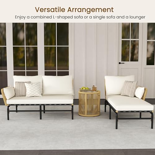 Yaheetech 3 Pieces L-Shaped Conversation Sofa Set, Outdoor Patio Furniture Set w/Detachable Lounger, Thick Cushions, Glass Side Table for Patio, Backyard, Porch, Garden