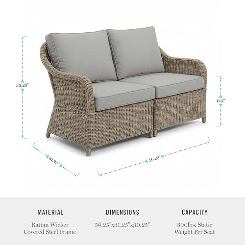 Martha Stewart Lily Pond Indoor-Outdoor Patio Loveseat in Weathered Gray Rattan Wicker with All-Weather Gray Back and Seat Cushions, 300 Lb. Static Weight Per Seat