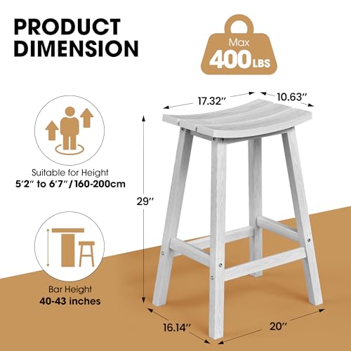 Ciokea 2 Set 29" Outdoor Bar Stools Heavy Duty HDPE Outdoor Stools Waterproof Weatherproof Patio Seats Modern Bar Height Tall BarStools for Bar Deck Balcony Kitchen Yard, White