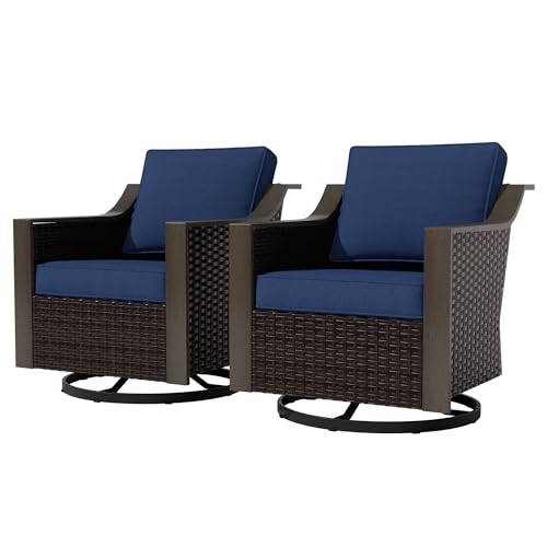 Qsoer Outdoor Wicker Swivel Chair Set of 2, All-Weather Use Patio Rattan Chair with Removable Water-Resistant Cushion, Ideal for Porch, Backyard, Balcony, Poolside, Blue