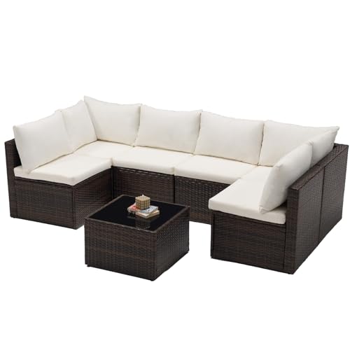 DUMOS 7 Piece Outdoor Patio Sectional Sofa, Modular Wicker Furniture Set with 2.8" Thick Cushions, Adjustable Feet, Weather-Resistant Rattan Outdoor Couch for Backyard, Deck, Garden, Poolside, Brown