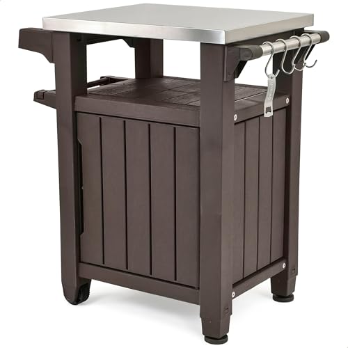 Keter Outdoor Grill Prep Table & Serving Cart, Stainless Steel Top, Unity, 40 Gal, Brown - Portable Bar Table and Cooking Accessory for Pool, Patio, Lawn, and Backyard