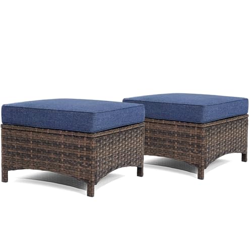 HILLGA Luxury 2PCS Patio Ottomans Footrest, Premium Wicker Steel Frame Outdoor Fabric, Comfortable Cushions, for Garden, Porch, Backyard and Deck (Blue)