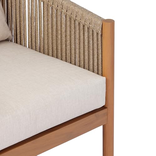 Christopher Knight Home Bubi 5-Seater Patio Furniture Set with Cushion, 4 Piece Outdoor Acacia Wood Conversation Set, Sold Wood Outdoor Sectional Sofa Set with Coffee Table, Teak+Beige