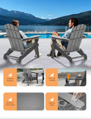 Folding Adirondack Chair, Wooden Textured Plastic Adirondack Chairs with 2 Cup Holder, Weather Resistant HDPE Fire Pit Chair, Outdoor Patio Chairs for Garden, Backyard, Lawn, Deck, 380LBS, Grey