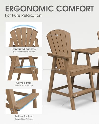 SUUNYN Tall Adirondack Chairs Set of 2, HDPE High Adirondack Chairs with Double Removable Trays, All Weather Outdoor Barstools for Patio, Balcony, Backyard, Deck and Garden, Teak