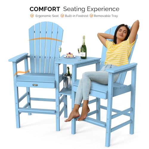 VINGLI Tall Adirondack Chairs Set of 2, All Weather HDPE Bar Height Adirondack Chair with Double Trays, Adirondack Barstools for Balcony, Poolside, Backyard and Patio (Blue)