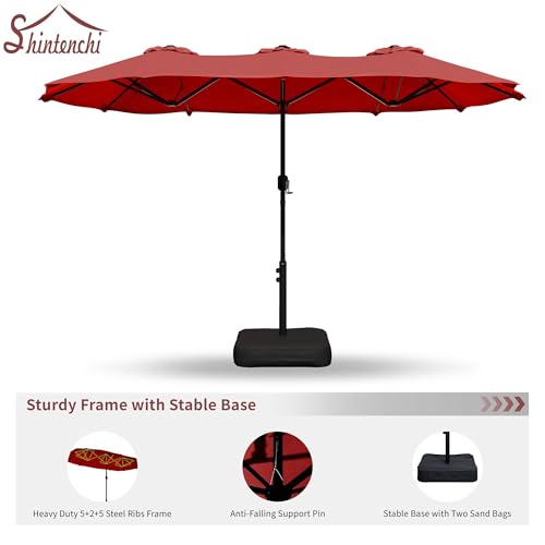 Shintenchi 13FT Large Patio Umbrella with Base Included, Outdoor Double-Sided Rectangular Shade with Crank Handle for Poolside Lawn, Deck & Garden, Red