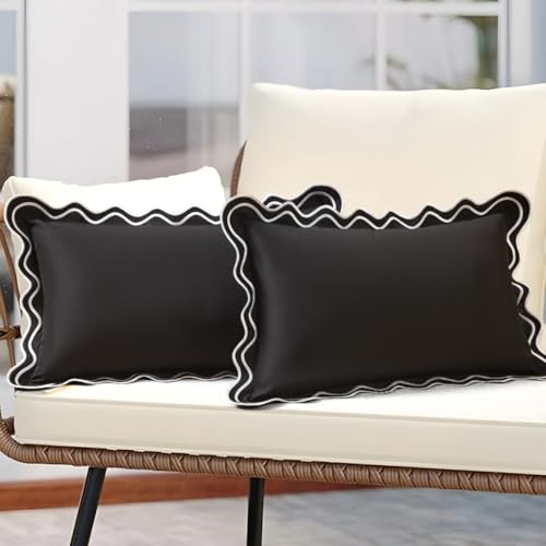 JOJOGOGO Black and White Scalloped Outdoor Lumbar Pillow Covers 12x20 Waterproof & Sunproof Set of 2, Black Outdoor Pillows Embroidered Decorative Throw Pillows for Couch Porch and Patio Furniture