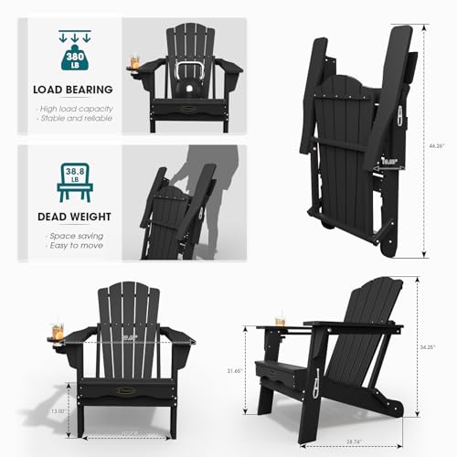 THOEOE Folding Adirondack Chair Set of 2,HDPE All-Weather Outdoor Chair with Cup Holder,Wooden Textured,Fire Pit Chair,Plastic Patio Chair for Deck,Backyard,Garden,Lawn, Black
