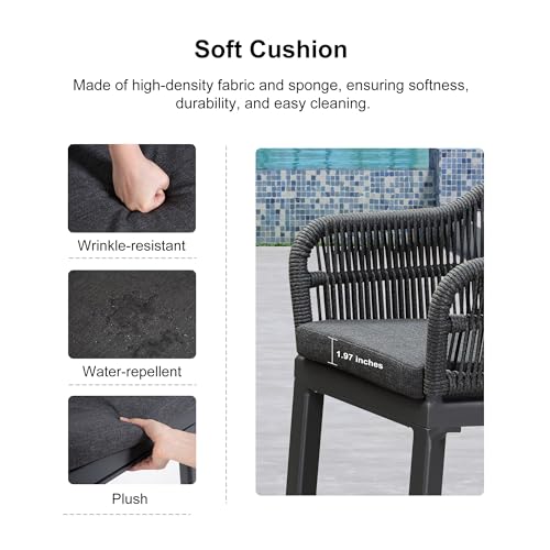 PURPLE LEAF Outdoor Bar Height Stools Set of 2 Patio Metal Modern Wicker Rattan Bar Chairs Woven Aluminum Barstools with Back and Cushions for Balcony Garden Indoor Kitchen Outside Gray