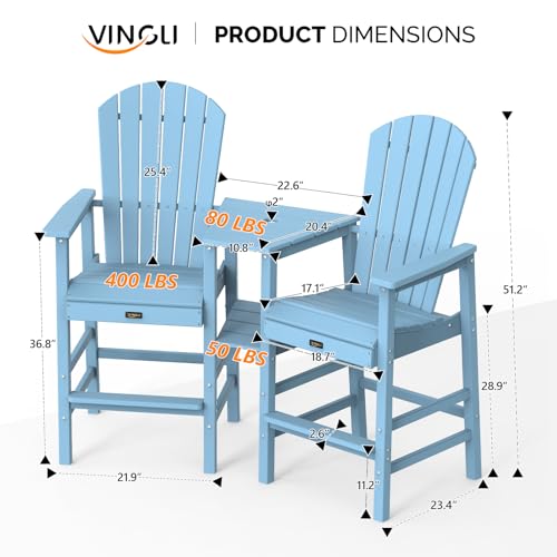 VINGLI Tall Adirondack Chairs Set of 2, All Weather HDPE Bar Height Adirondack Chair with Double Trays, Adirondack Barstools for Balcony, Poolside, Backyard and Patio (Blue)